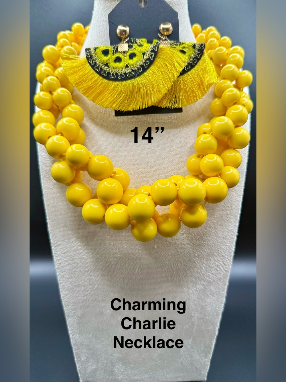 Charming Charlie Bright Yellow Triple-Strand Bead Necklace with Tassel Earrings